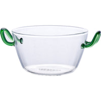 round clear crystal bowl with green handles