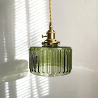 Modern Japanese Style Hanging Light textured clear or green glass shade with chevron stripes or waves electroplated brass and 59in adjustable cord
