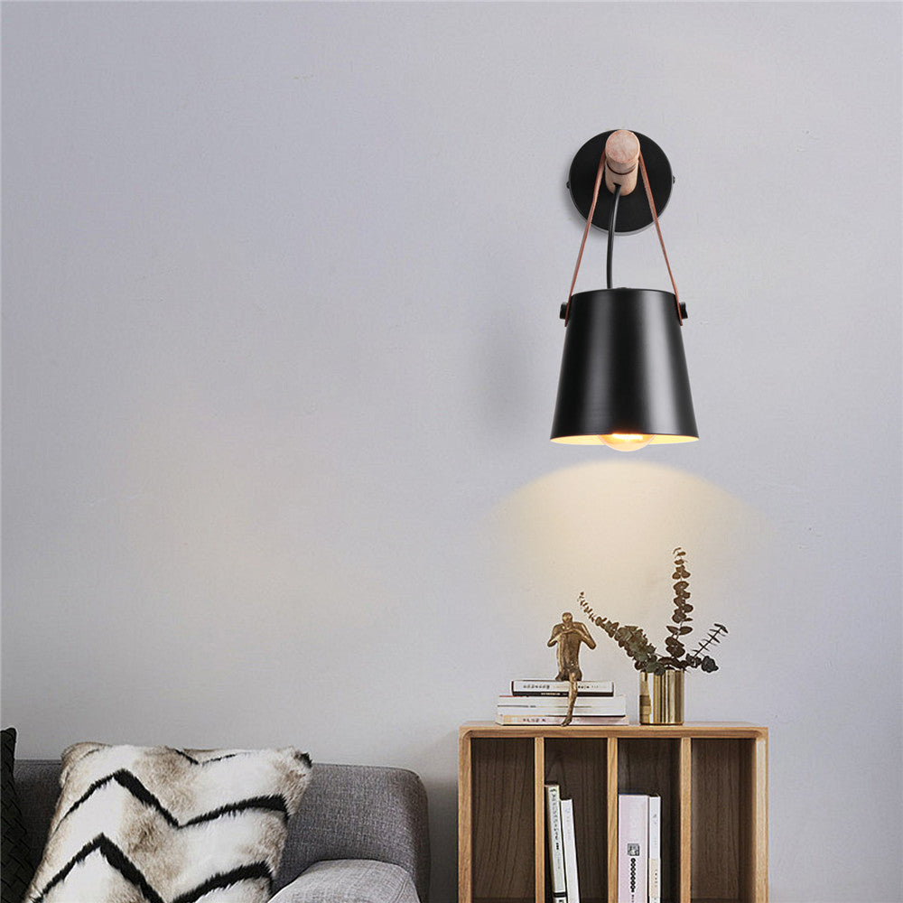 Modern Wood & Metal Wall Sconce with Faux Leather Strap-Letifly Lights and Decor