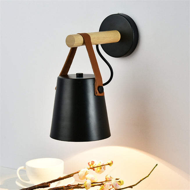 Modern Wood & Metal Wall Sconce with Faux Leather Strap-Letifly Lights and Decor