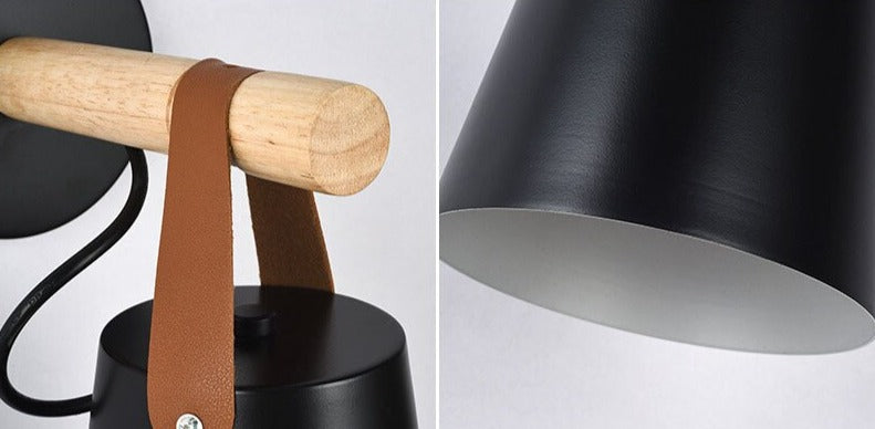 Modern Wood & Metal Wall Sconce with Faux Leather Strap-Letifly Lights and Decor