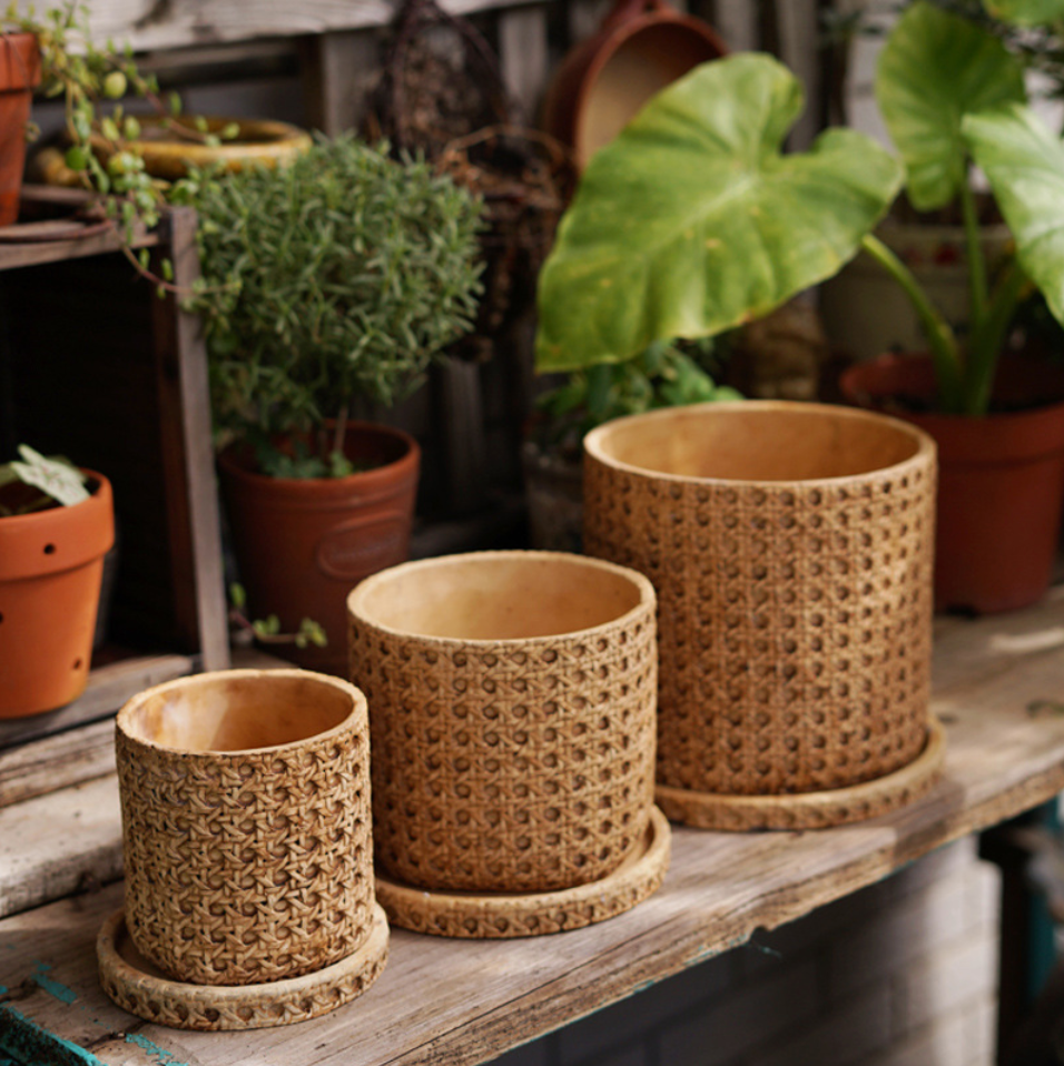 Natural Rattan Texture Cement Planter-Letifly Lights and Decor