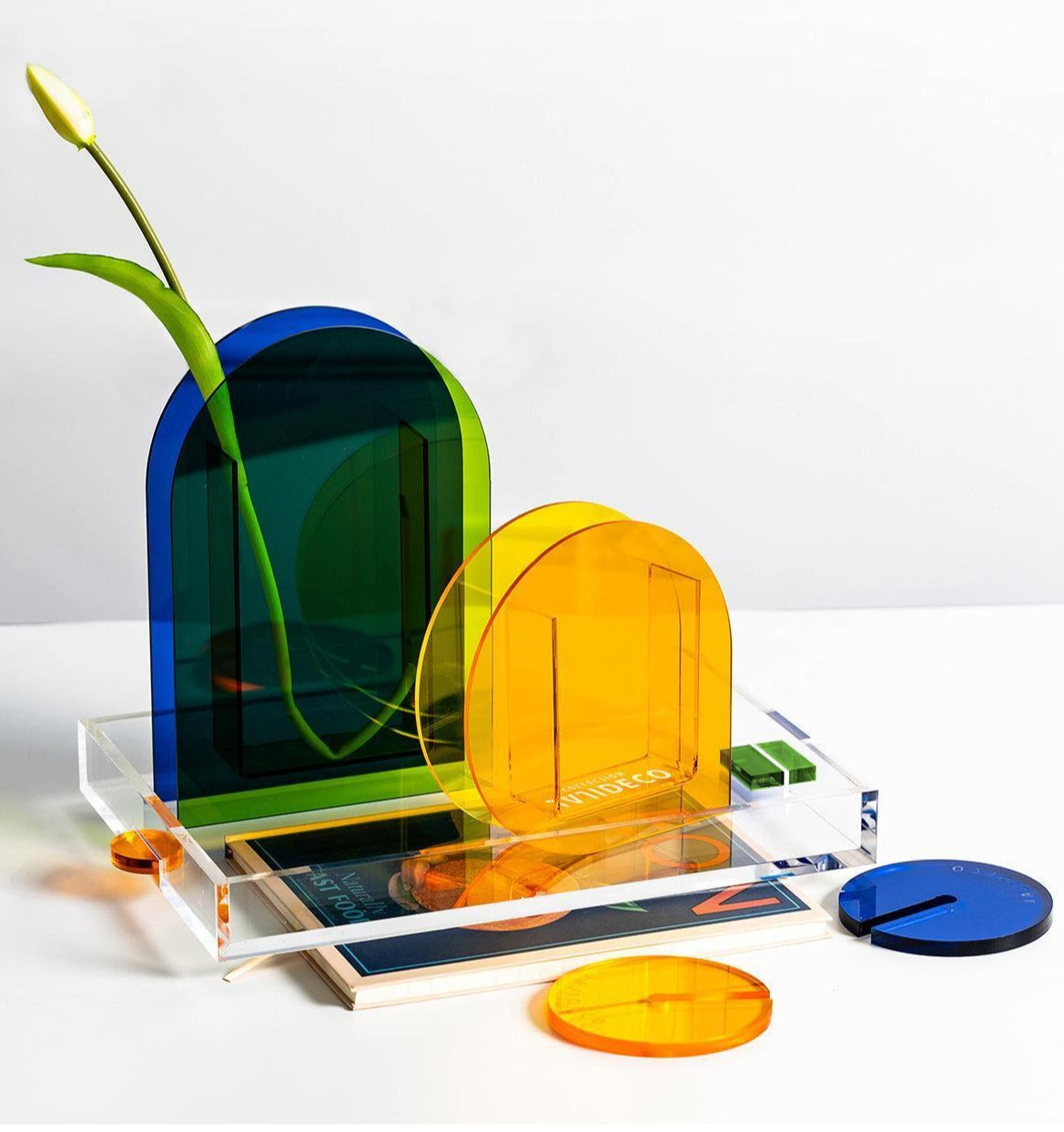 rectangle acrylic orange and green handle serving tray