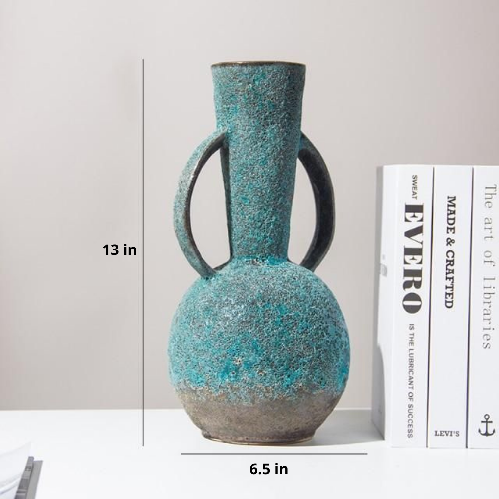 Bulbous Teal Gray Vintage Textured Ceramic Vase