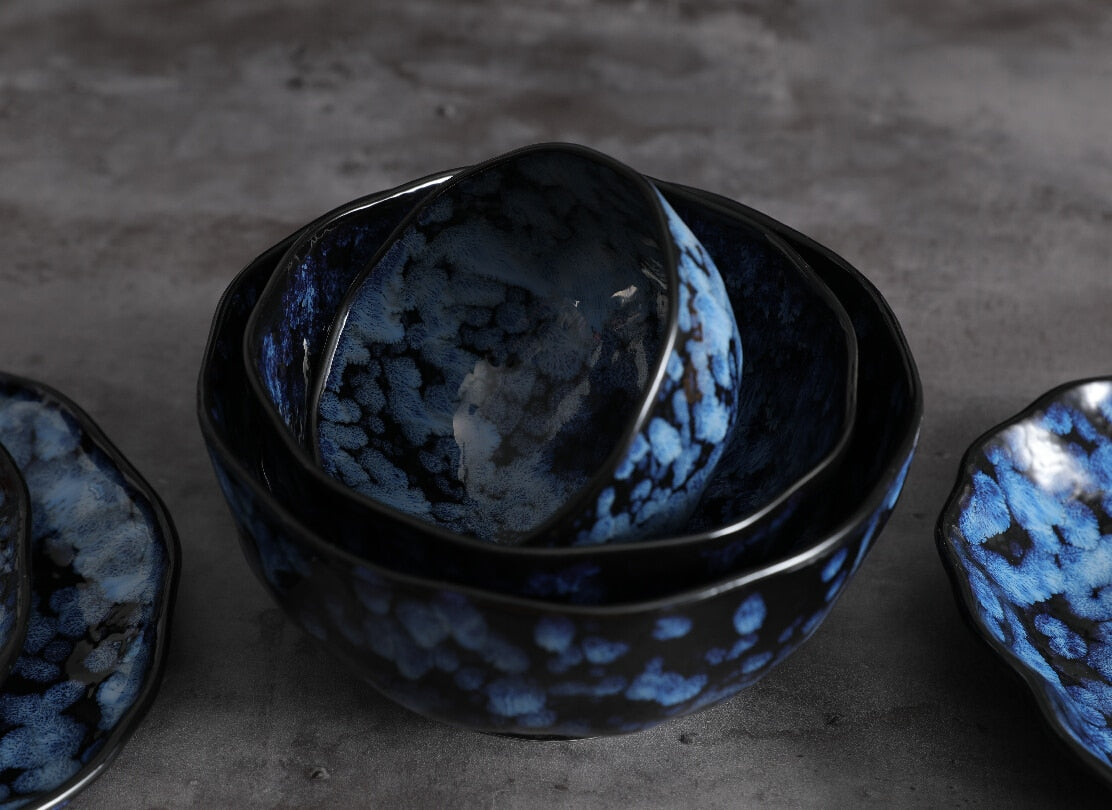 Round Indigo Blue Porcelain Rice Noodle Big Bowl