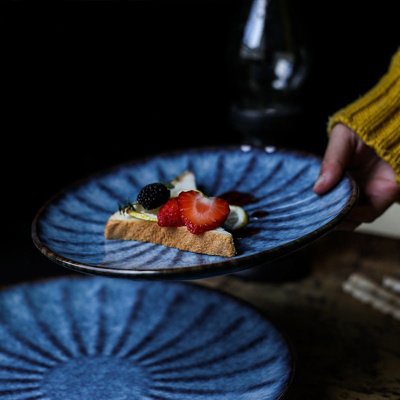 Japanese Style Ceramic Deep Blue HD Cat Eye Round Plate