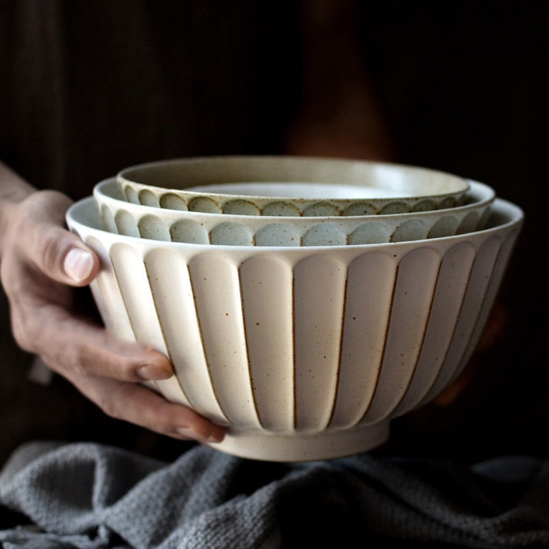 round scalloped textured edge ashy white ceramic bowl