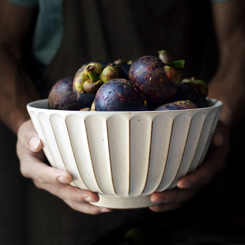 round scalloped textured edge ashy white ceramic bowl