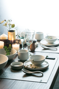 Fine porcelain ceramic White with black flecks dinner plates and bowls