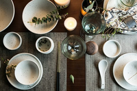 Fine porcelain ceramic White with black flecks dinner plates and bowls