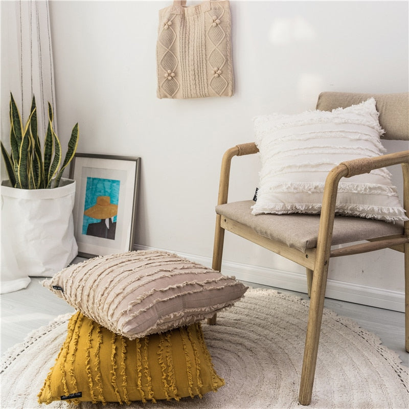 square Cotton, Polyester Embroidered tassel yellow white beige  cushion cover with zipper