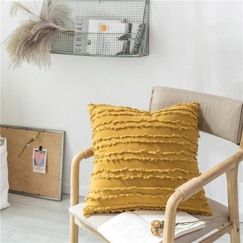 square Cotton Polyester Embroidered tassel yellow cushion cover with zipper