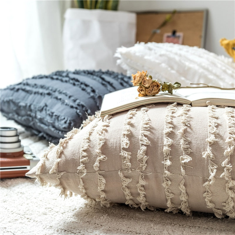 square Cotton, Polyester Embroidered tassel yellow white beige grey cushion cover with zipper