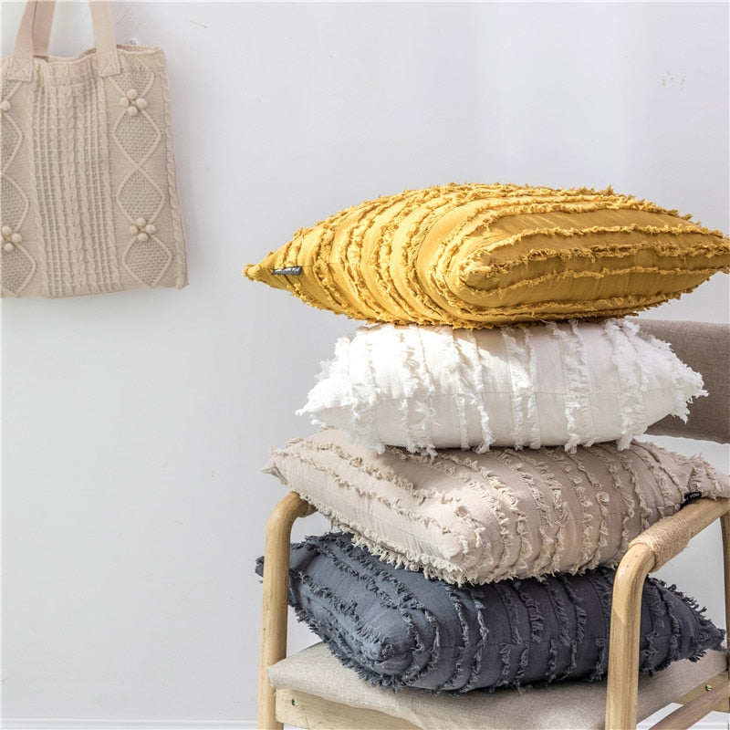 square Cotton, Polyester Embroidered tassel yellow white beige grey cushion cover with zipper