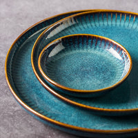 round ceramic porcelain kiln glazed blue cat eye tableware