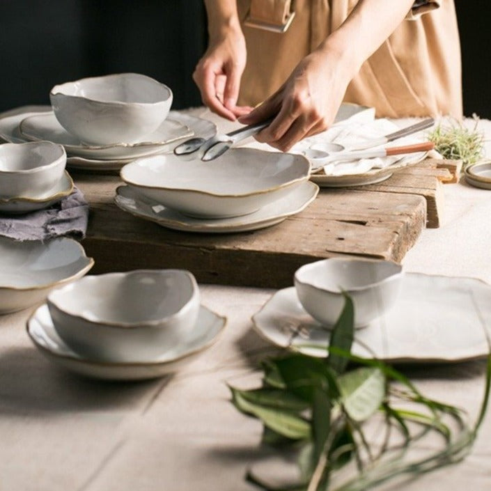 round abstract gold trim edges white ceramic dinnerware