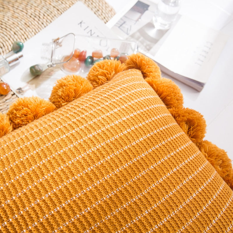 square cotton knitted fringed pompoms yellow cushion cover