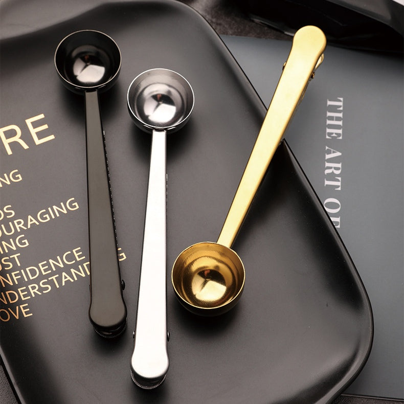Stainless Steel Multifunctional Coffee Spoon and Sealing Clip Silver Gold Black 