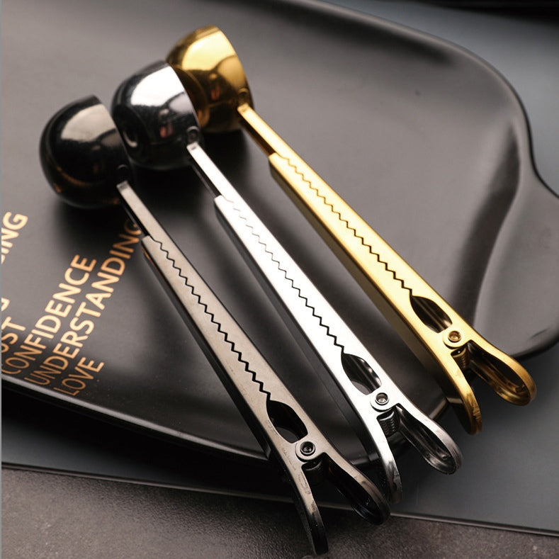 Stainless Steel Multifunctional Coffee Spoon and Sealing Clip Silver Gold Black 