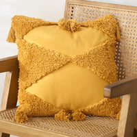 Handmade Embroidered Dual Diamond Pattern Tassel Edges Cushion Cover Mustard Yellow