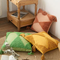 Handmade Embroidered Dual Diamond Pattern Tassel Edges Cushion Cover