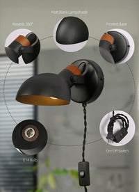 half sphere metal wood black matte wall lamp with plug