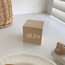 Wood O'clock digital bamboo desk clock walnut finish showing time date temperature 6 cm cube